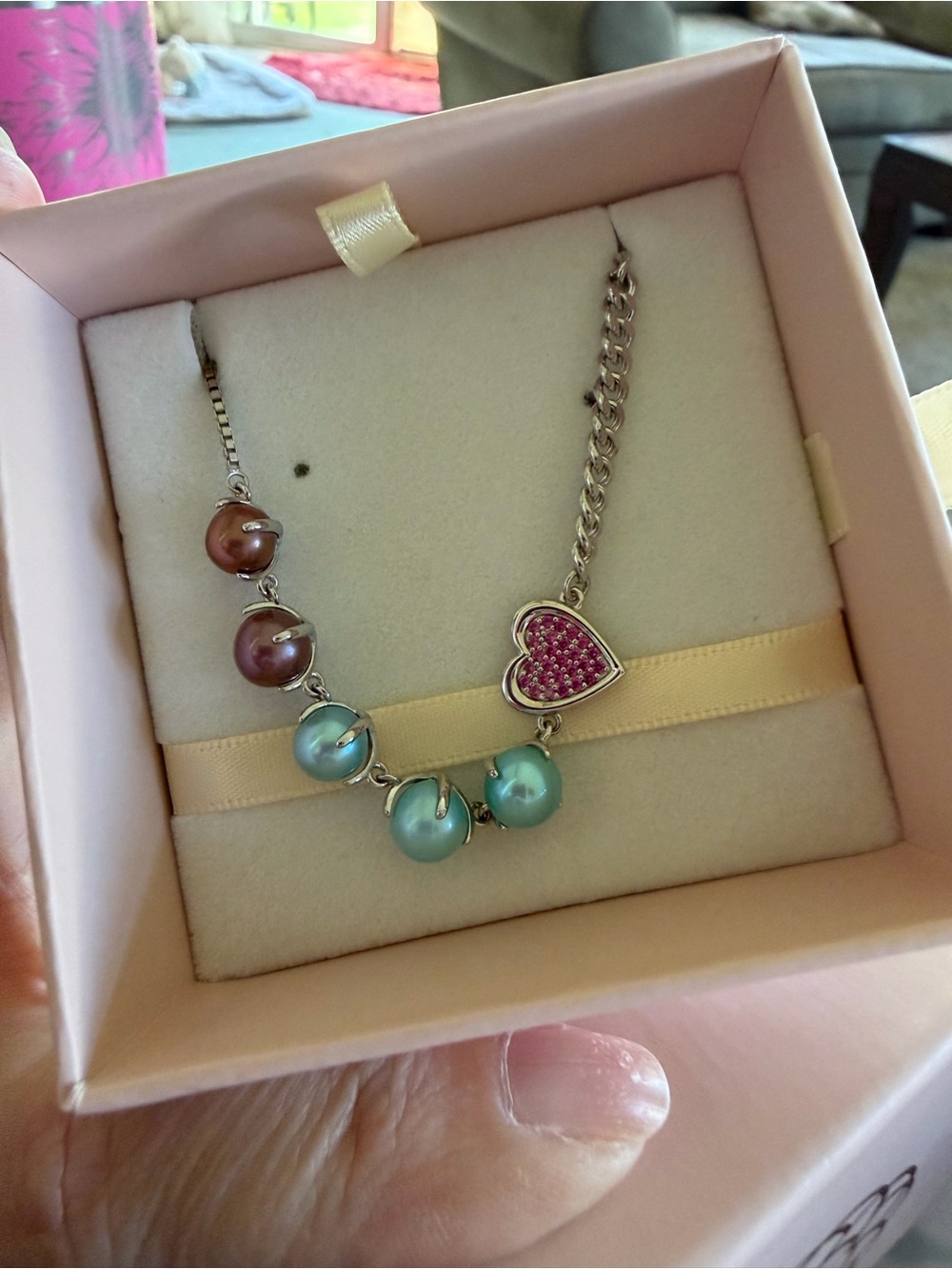 Sterling Silver Heart Pendant Bracelet with Pink Pavé and Blue Pearl Accents